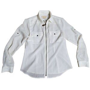 Michael Kors Womens White Long Sleeve Silver Zipper Shirt Top Size‎ P/S